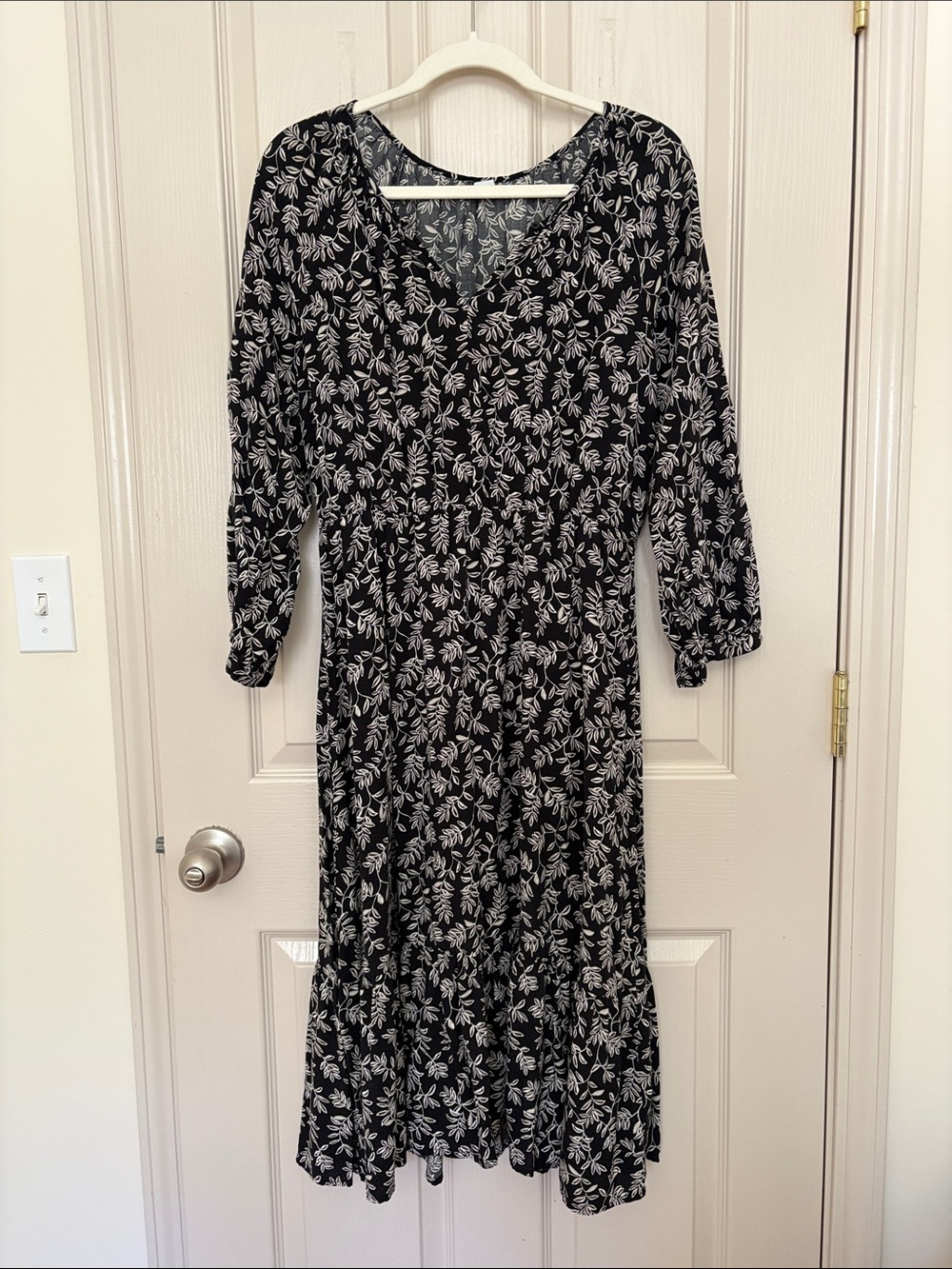 Old Navy Black Dress with White Leaf Print, Long Sleeve Midi